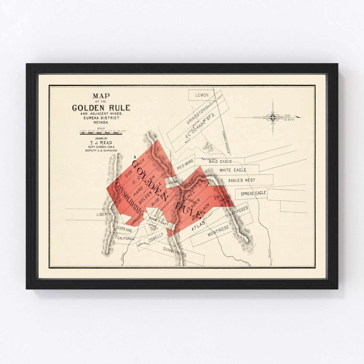 Vintage Map of The Gold Rule Mine, 1865