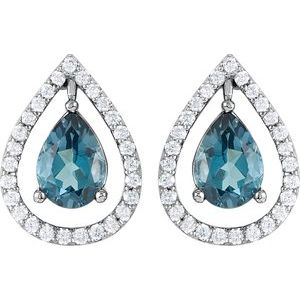 14K White Gold Natural London Blue Topaz & 1/3 CTW Natural Diamond Halo-Style Earrings