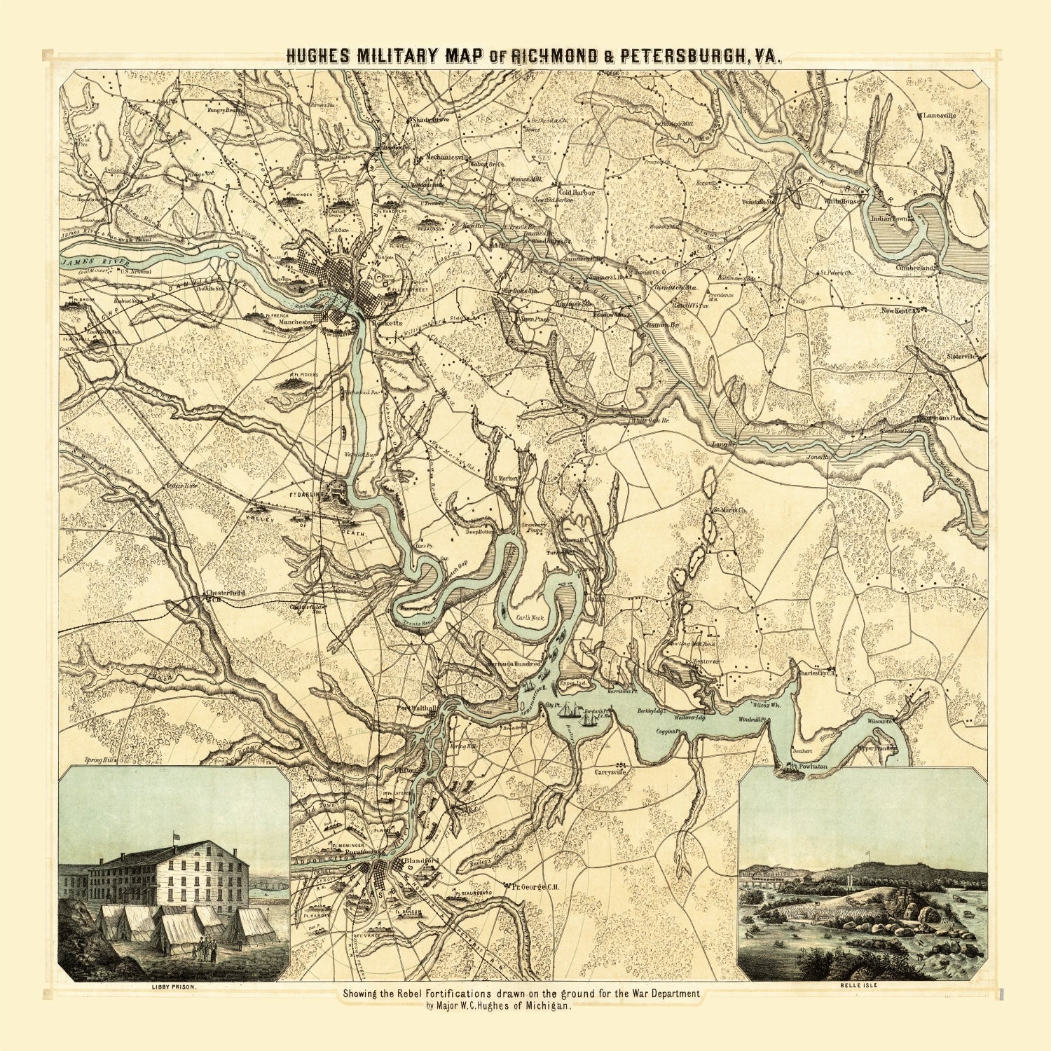 Vintage Map of Richmond & Petersburgh Virginia, 1864
