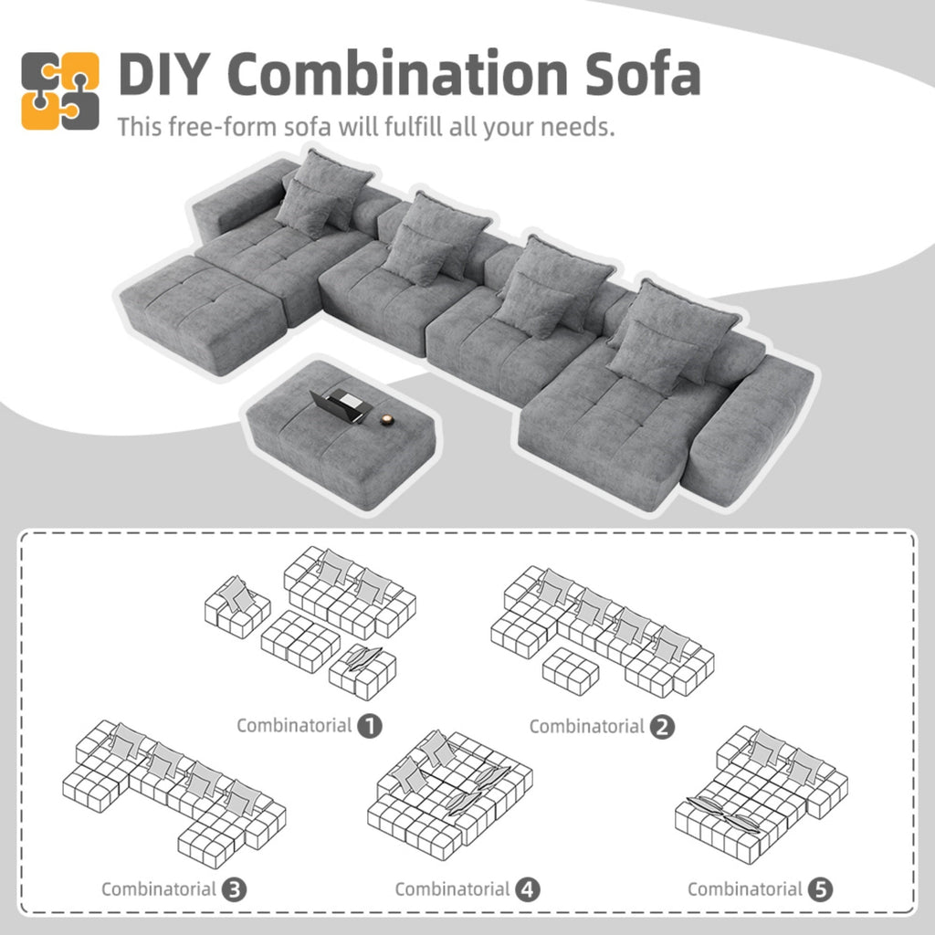 Modern Oversized Modular Sectional Sofa, Sparkling Chenille Fabric Soft Cushion Sofa with 8 Pillows, 8 PCS DIY Combination Tufted Sofa, No Assembly Required, GREY