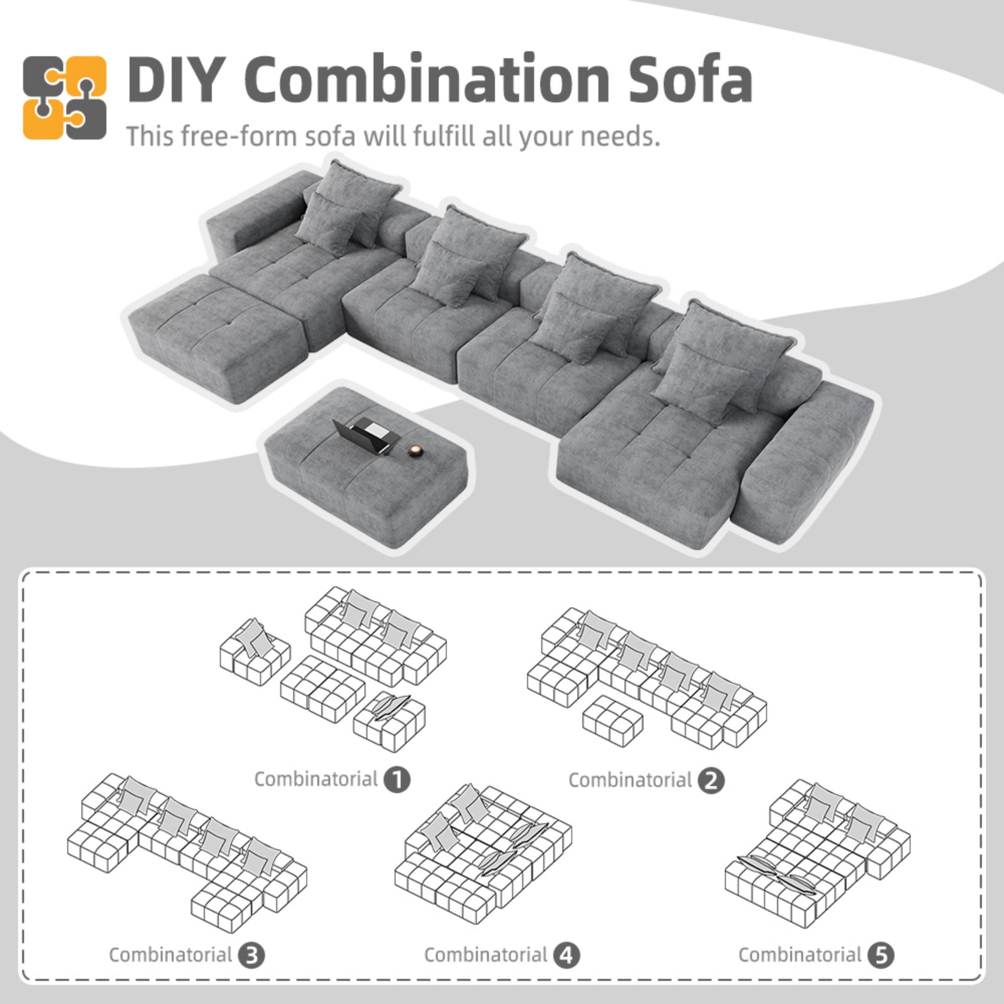 Modern Oversized Modular Sectional Sofa, Sparkling Chenille Fabric Soft Cushion Sofa with 8 Pillows, 8 PCS DIY Combination Tufted Sofa, No Assembly Required, GREY