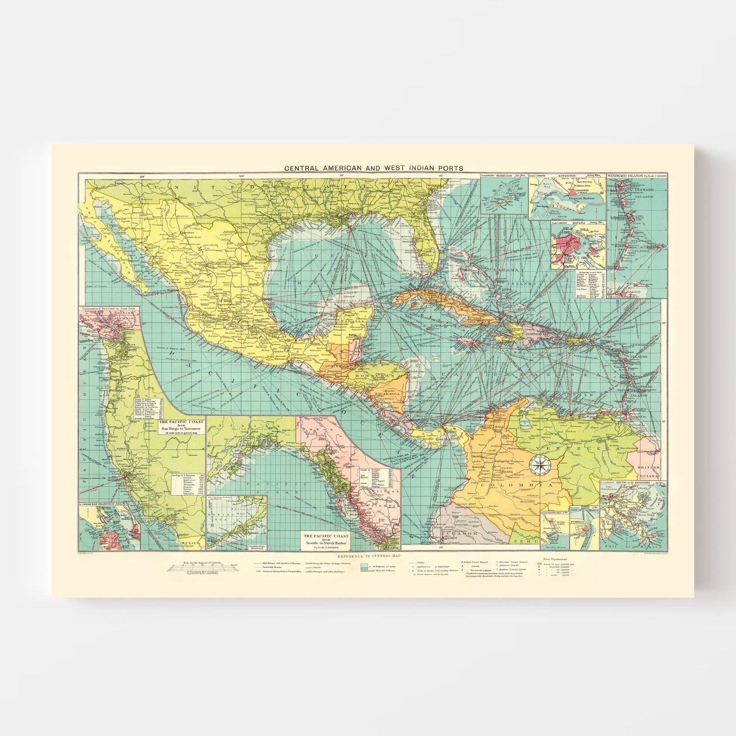 Vintage Map of Central American & West Indies Ports, 1922