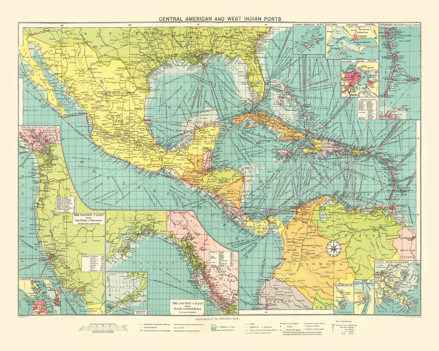 Vintage Map of Central American & West Indies Ports, 1922