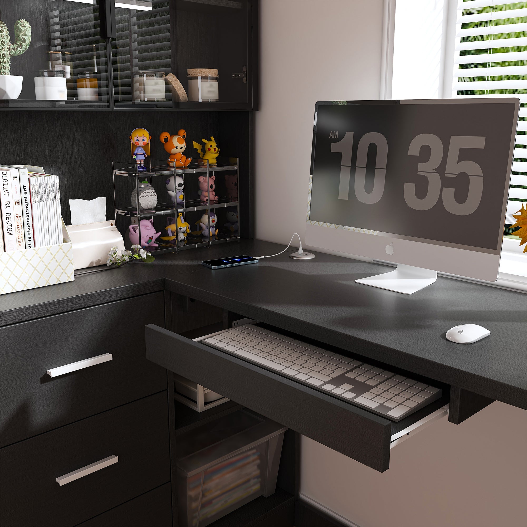 Black L-Shaped Computer Desk with Glass Cabinets, Built-In LED Lights, USB Charging Ports, and Keyboard Tray - Ergonomic Office Furniture for Home and Corporate Workspaces