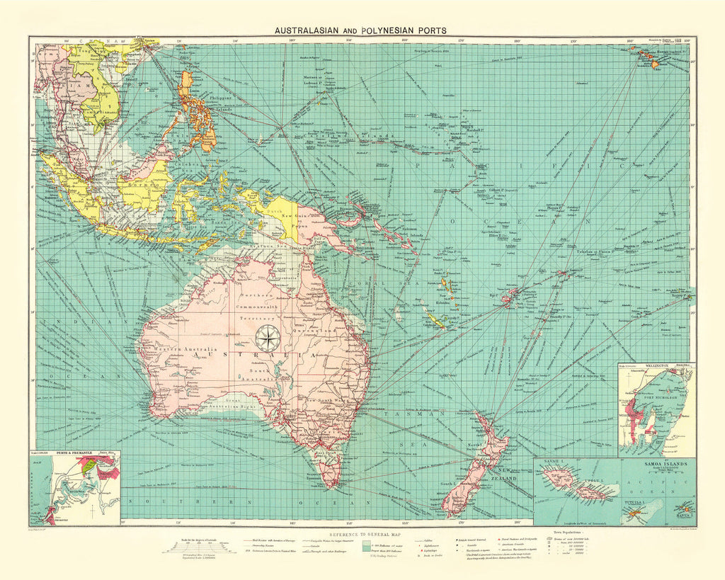 Vintage Map of Australasian & Polynesian Ports, 1922