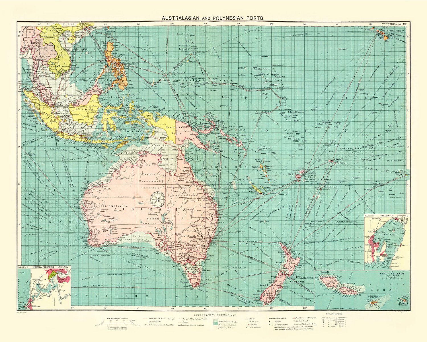 Vintage Map of Australasian & Polynesian Ports, 1922