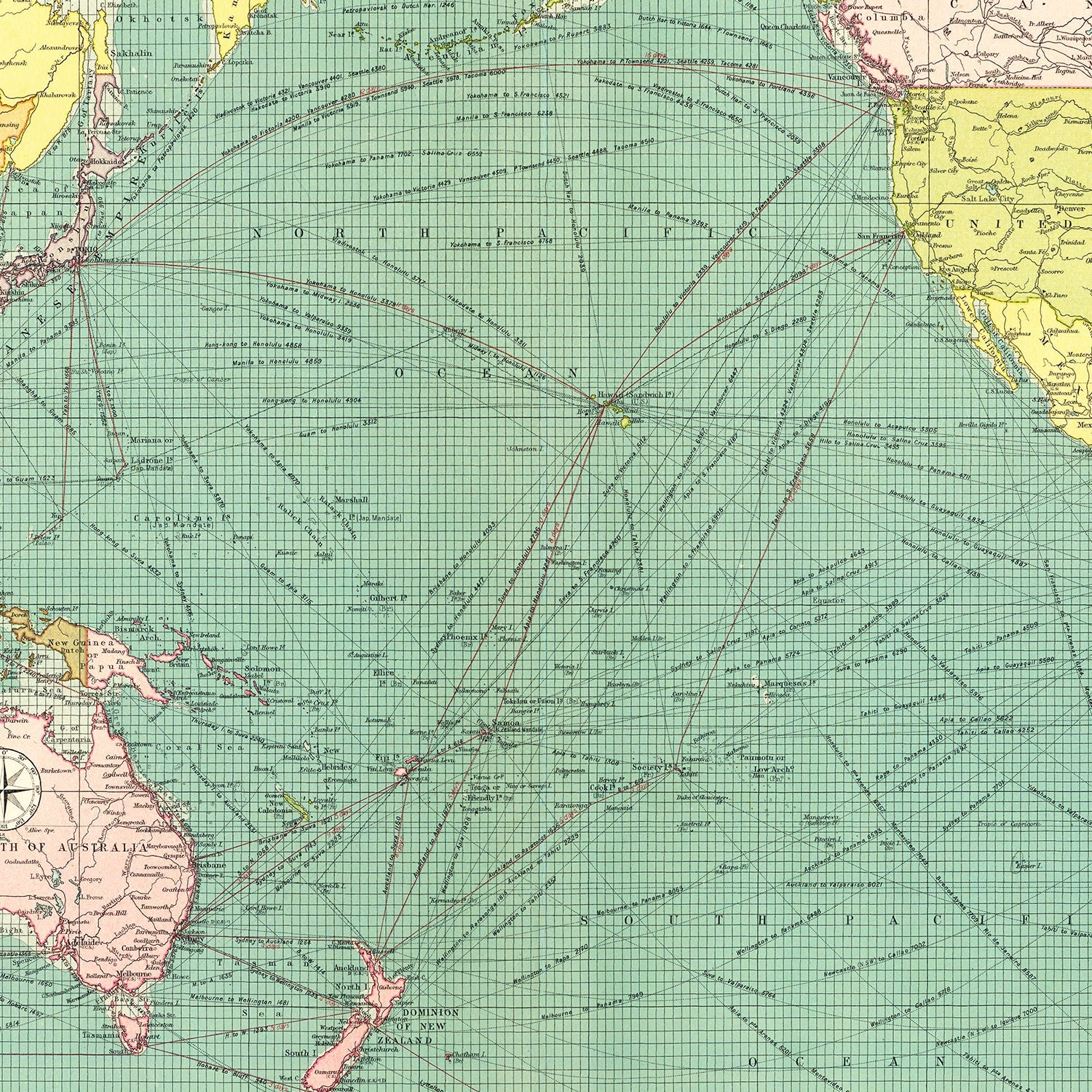 Vintage Map of Pacific Ocean, 1922