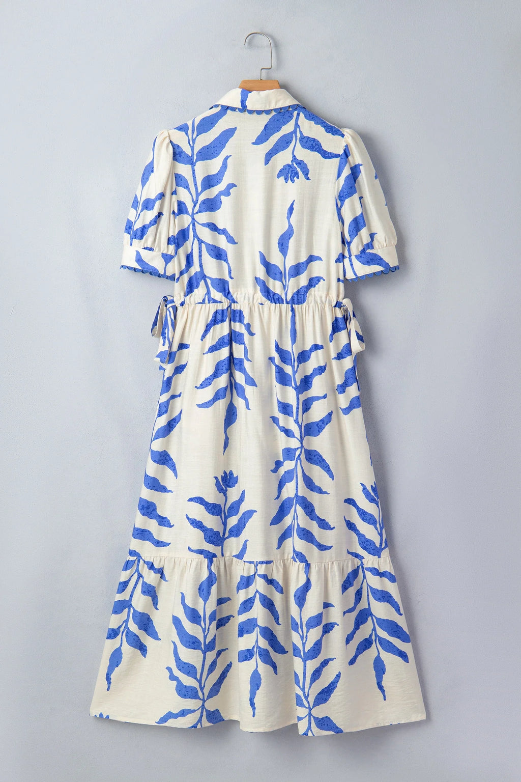 Botanical Leaf Side Tie Button Down Maxi Dress
