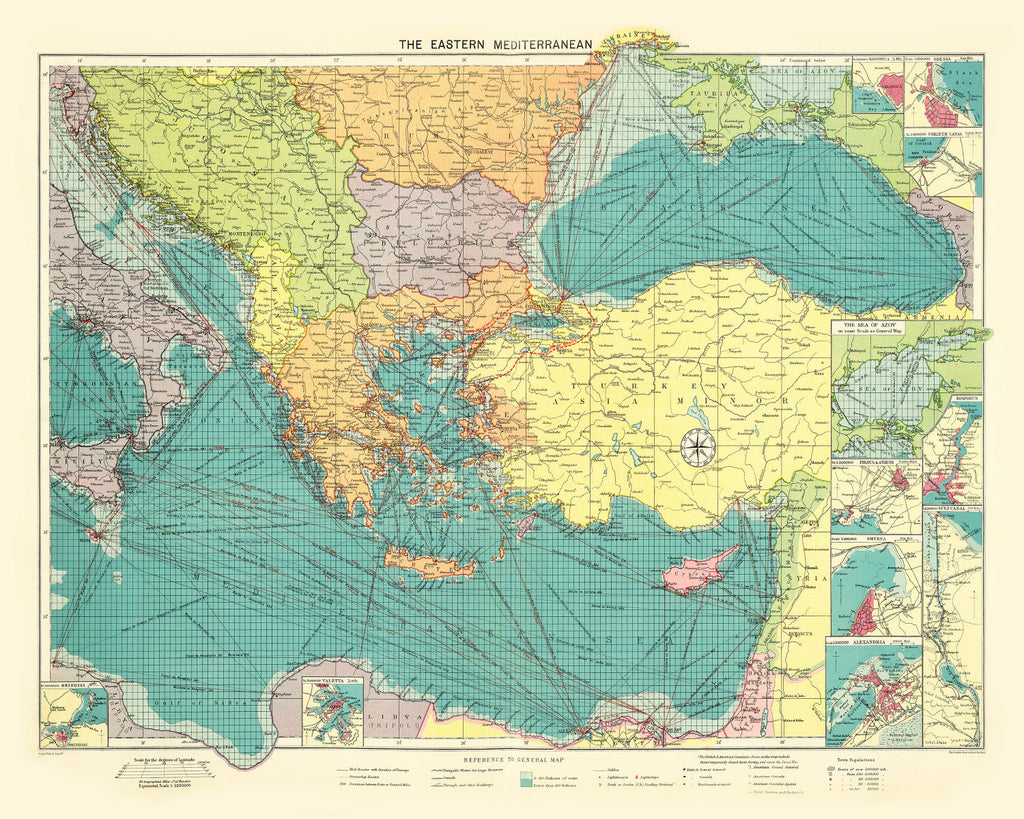 Vintage Map of Eastern Mediterranean Sea, 1922
