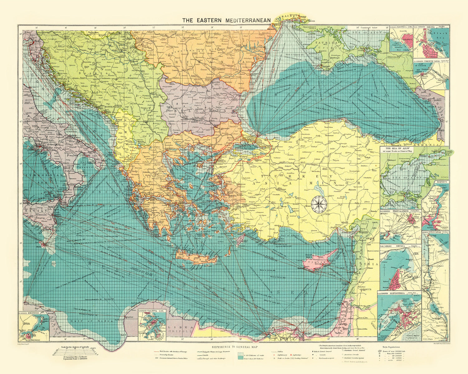 Vintage Map of Eastern Mediterranean Sea, 1922