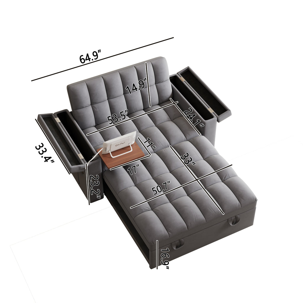 65-inch 3-in-1 foldable large-sized computer desk sofa bed, modern velvet double sofa, sofa bed with adjustable backrest, storage bag and pillow, hidden living room laptop desk, with USB port