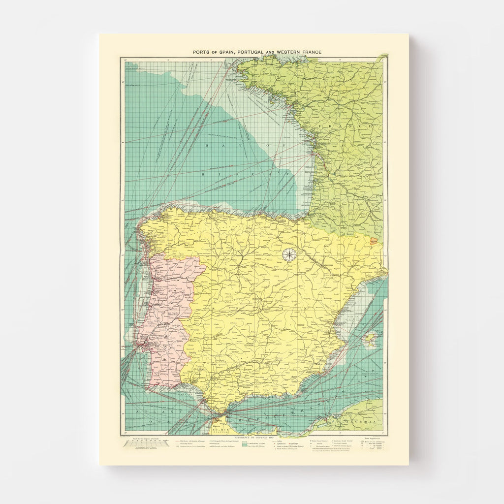Vintage Map of Ports of Spain & Portugal, 1922