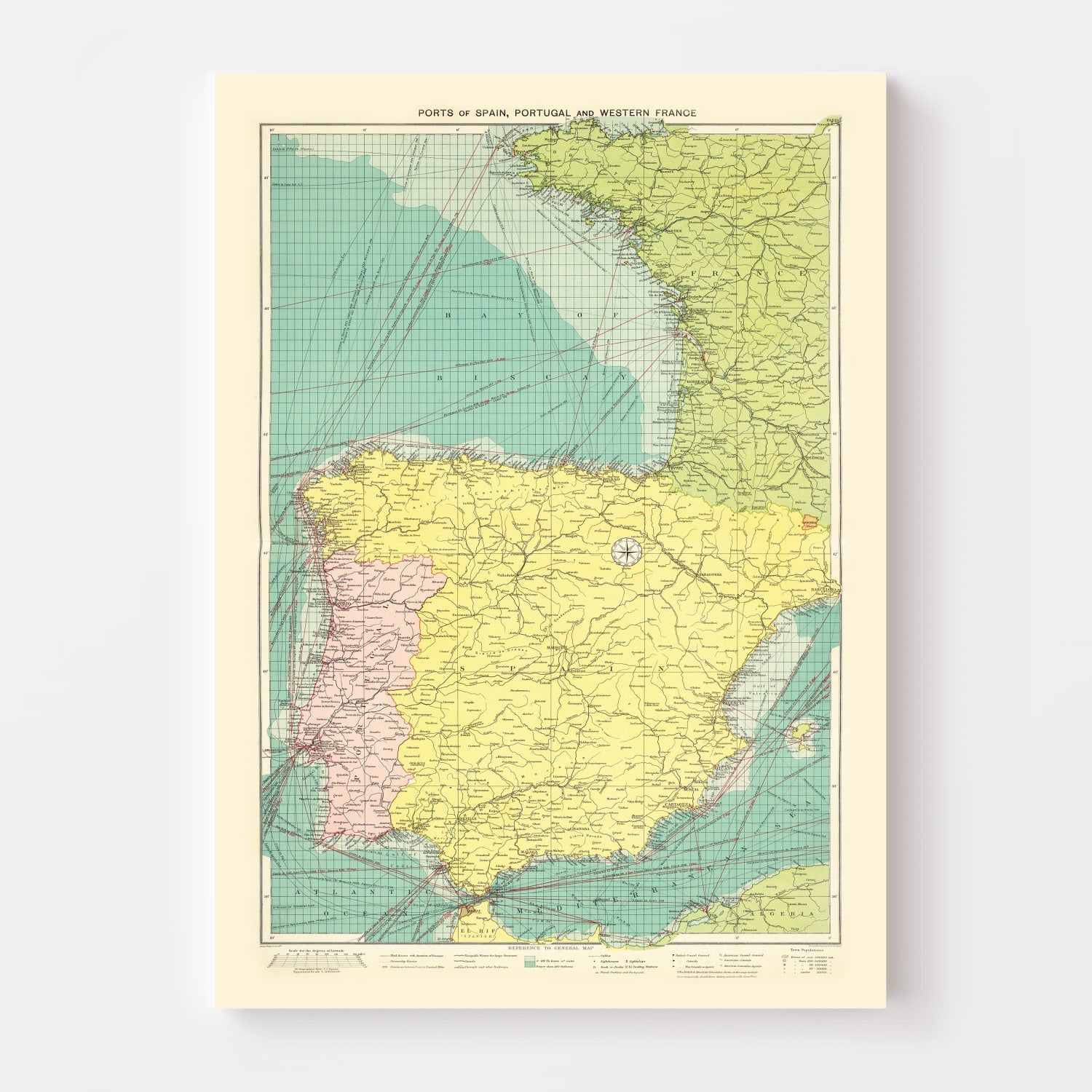 Vintage Map of Ports of Spain & Portugal, 1922