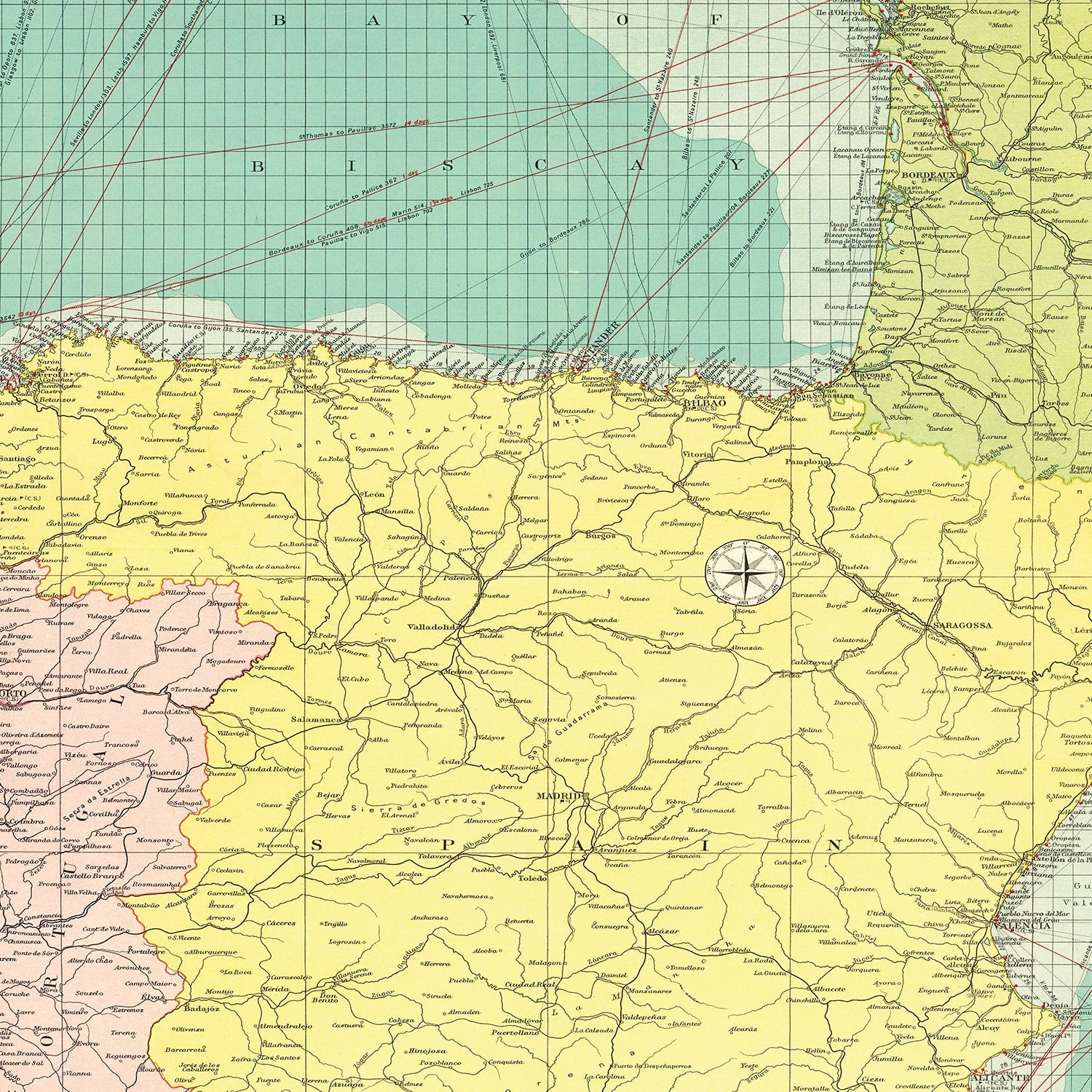 Vintage Map of Ports of Spain & Portugal, 1922
