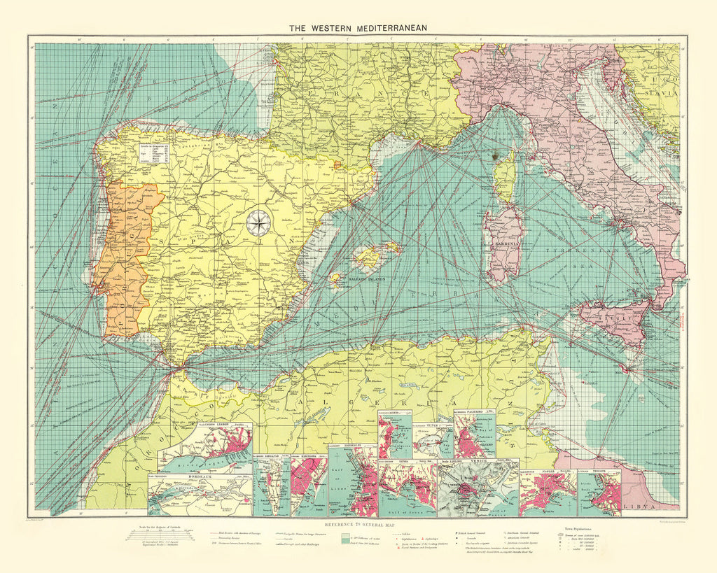 Vintage Map of Western Mediterranean Sea, 1922