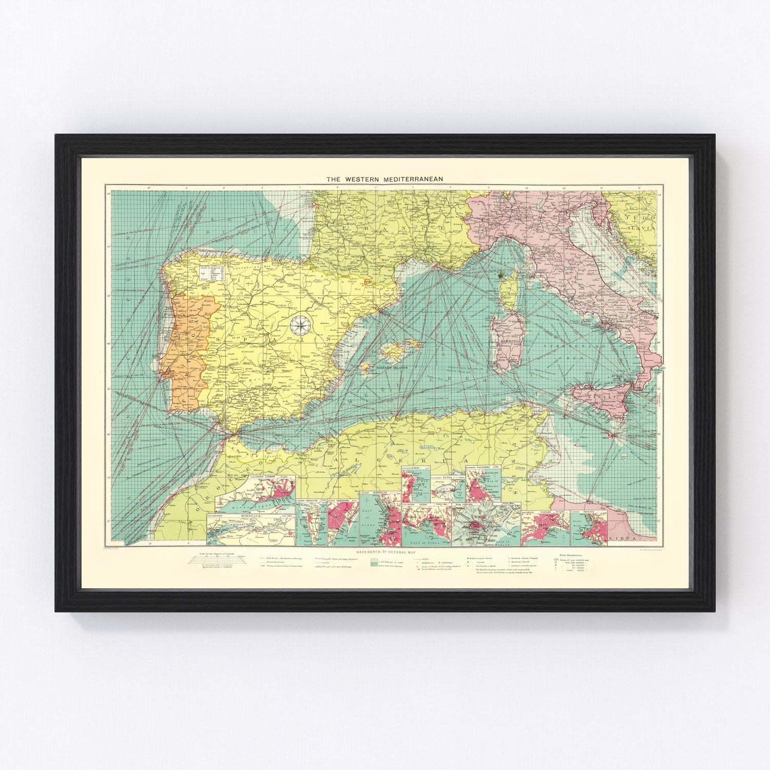 Vintage Map of Western Mediterranean Sea, 1922