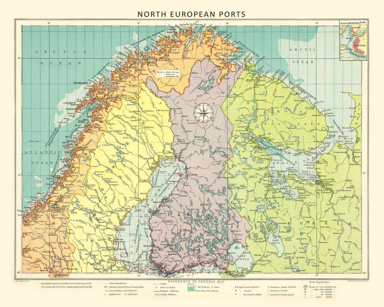 Vintage Map of Northern European Ports, 1922