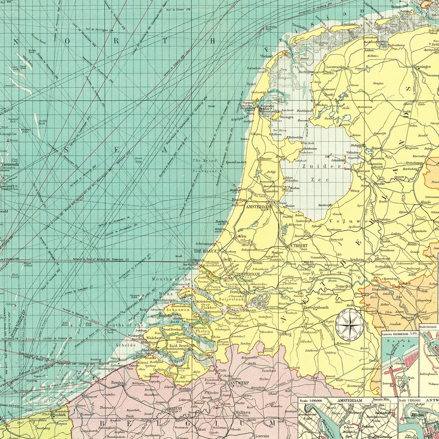 Vintage Map of Southern North Sea Ports, 1922