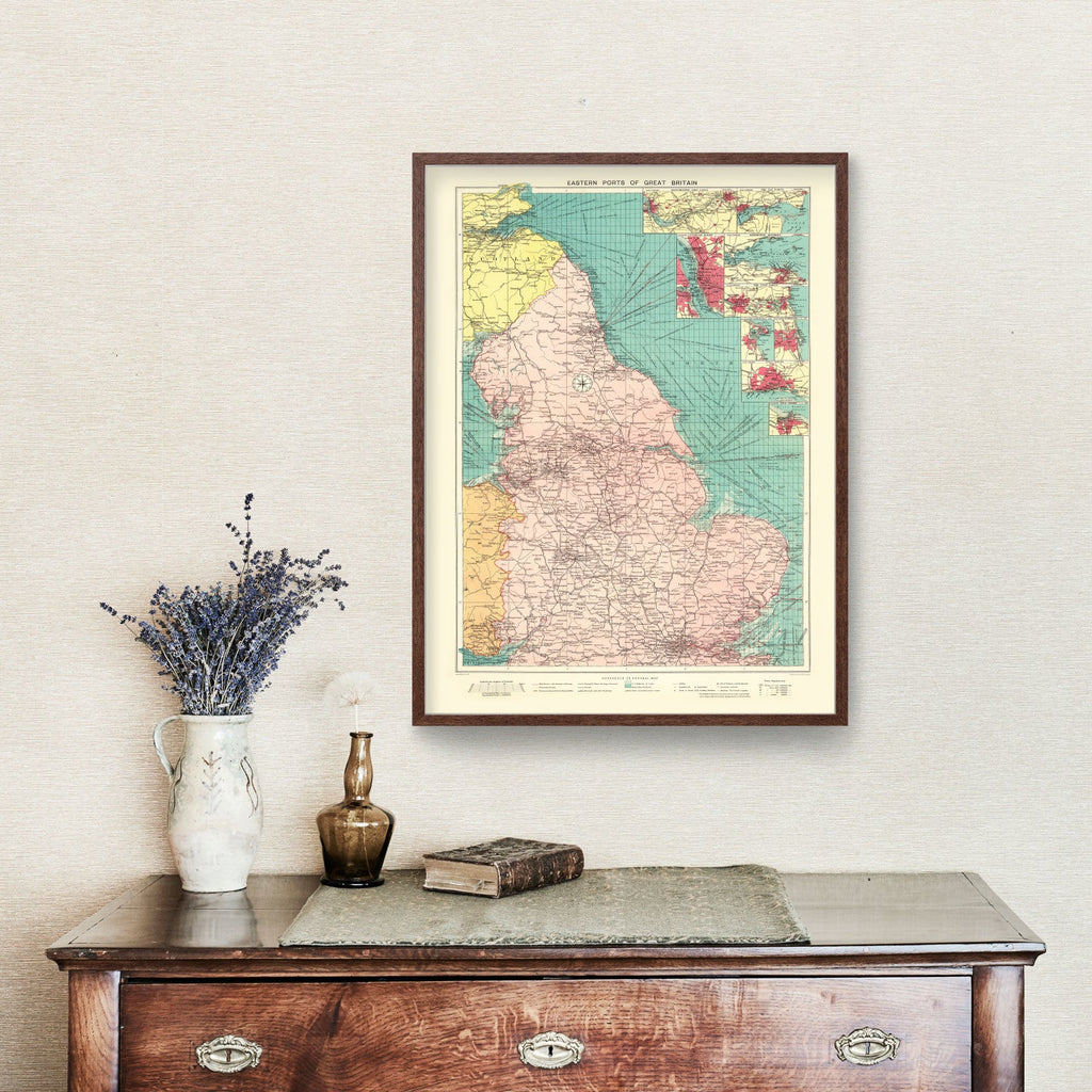 Vintage Map of Eastern Great Britain Ports, 1922