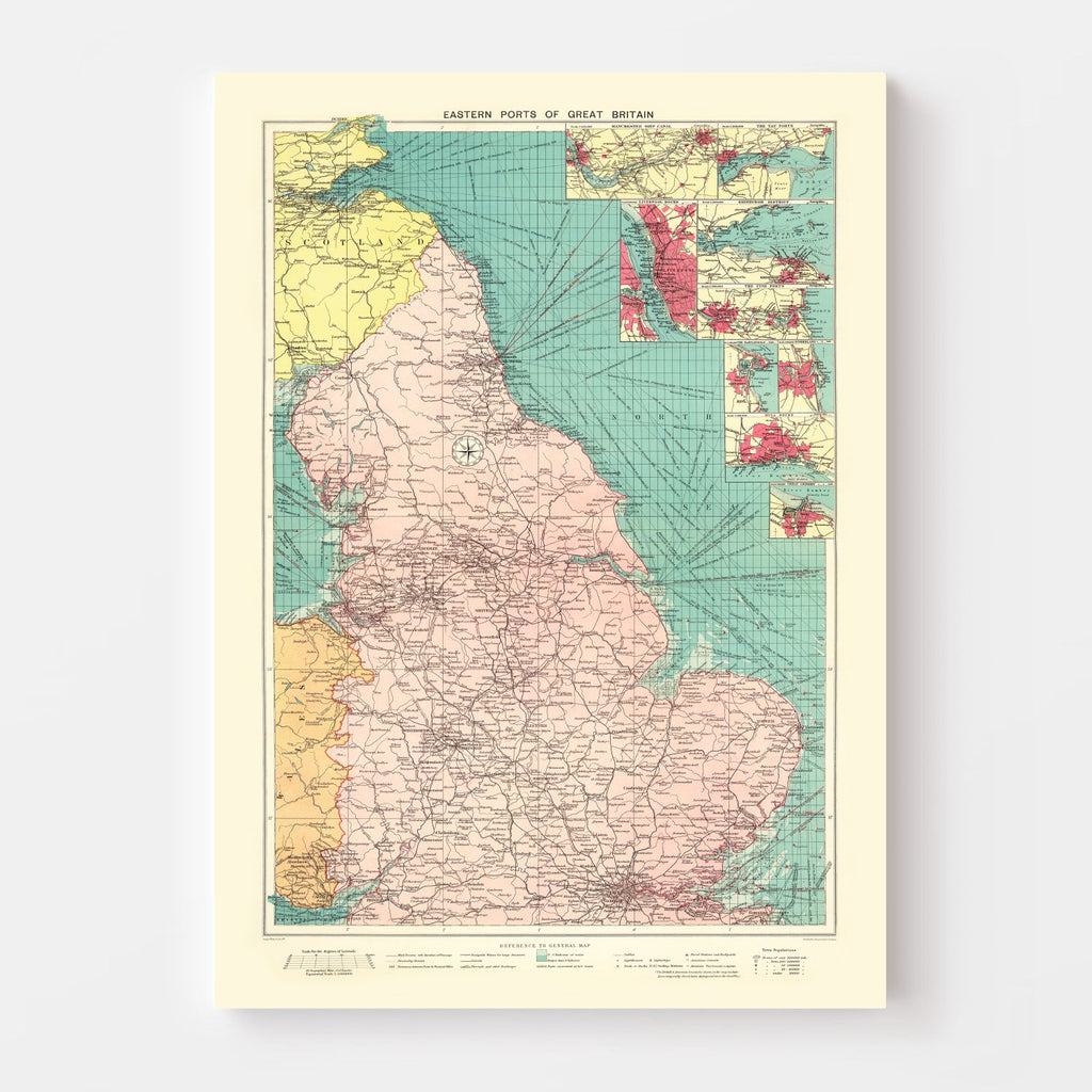 Vintage Map of Eastern Great Britain Ports, 1922