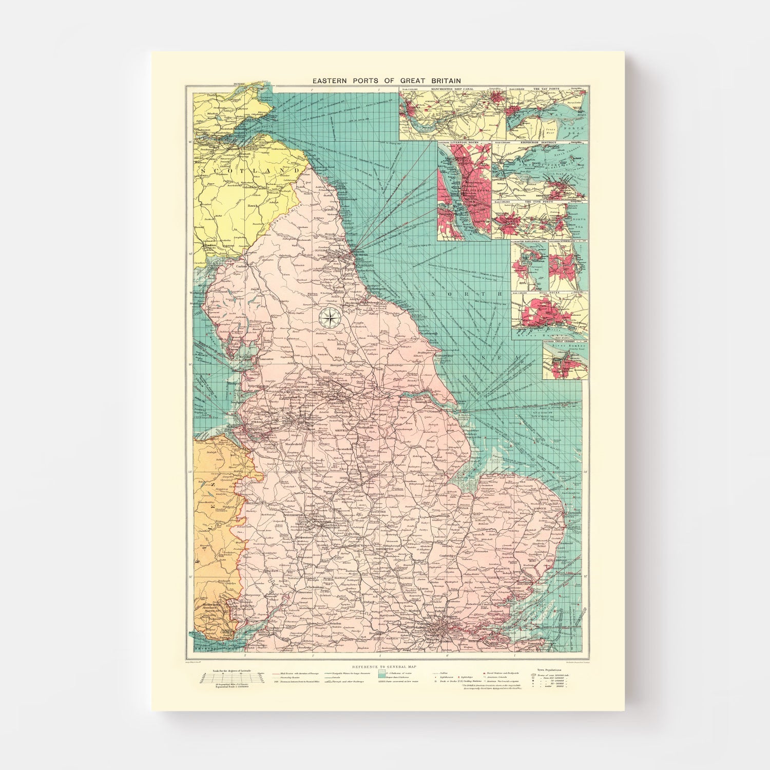 Vintage Map of Eastern Great Britain Ports, 1922