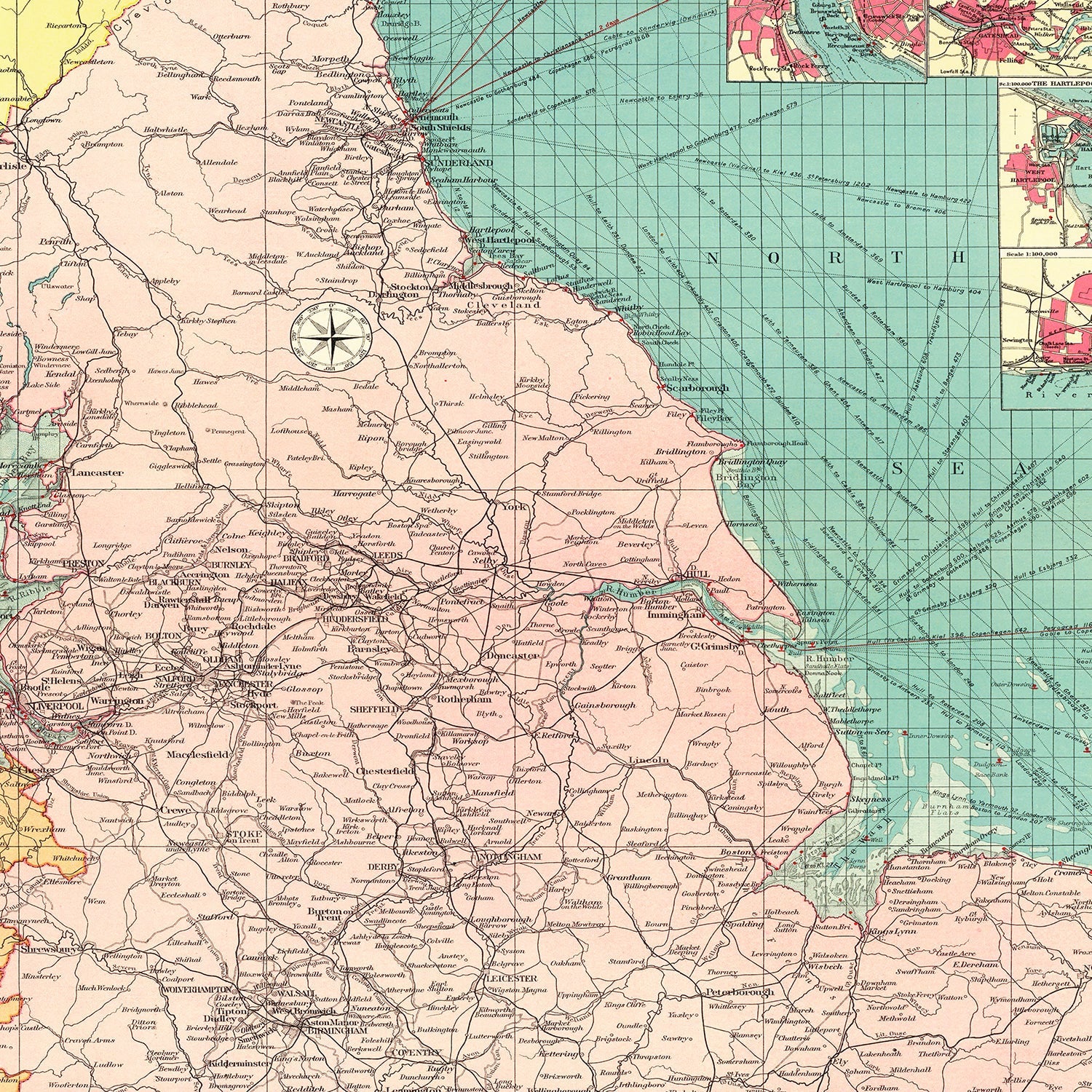 Vintage Map of Eastern Great Britain Ports, 1922