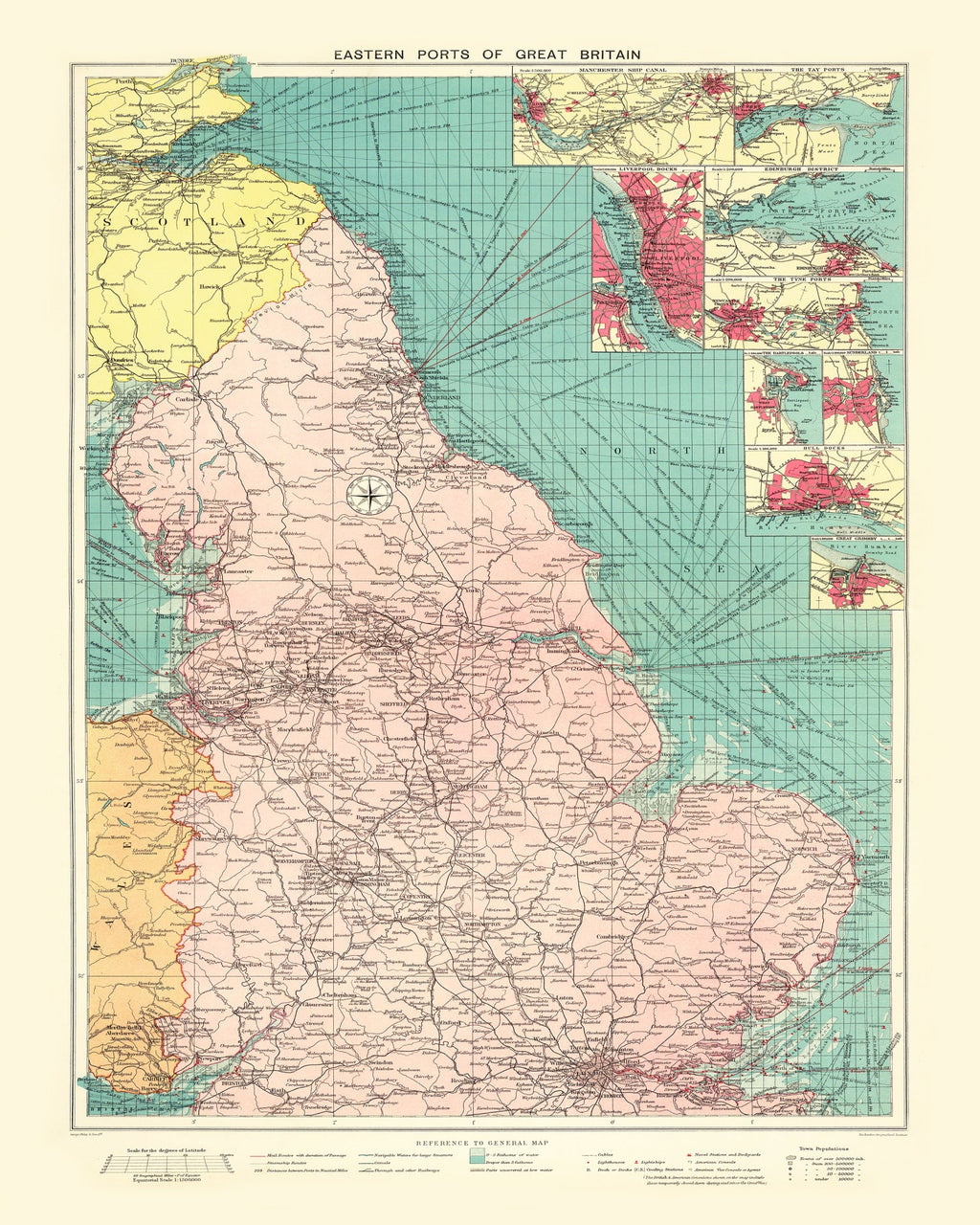 Vintage Map of Eastern Great Britain Ports, 1922