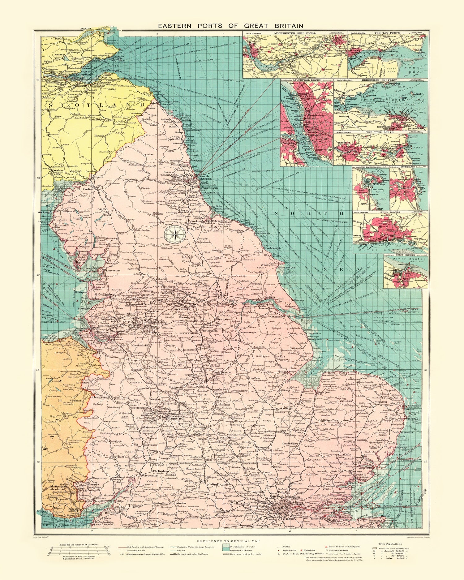 Vintage Map of Eastern Great Britain Ports, 1922