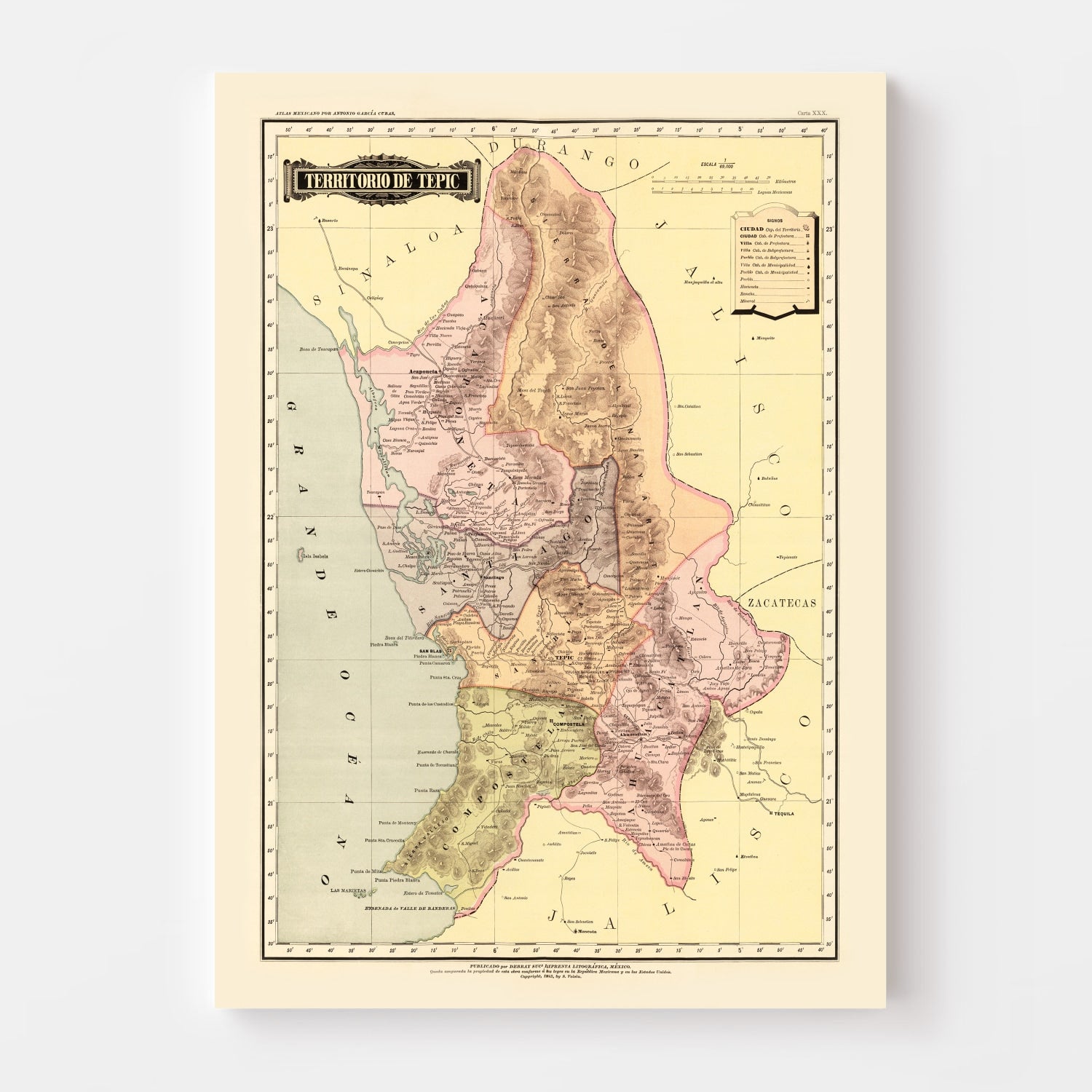 Vintage Map of Tepic, Mexico 1886