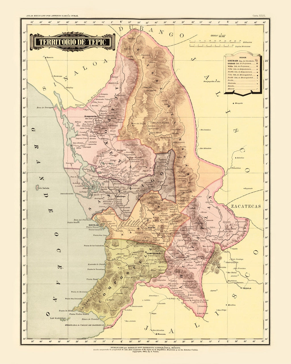 Vintage Map of Tepic, Mexico 1886