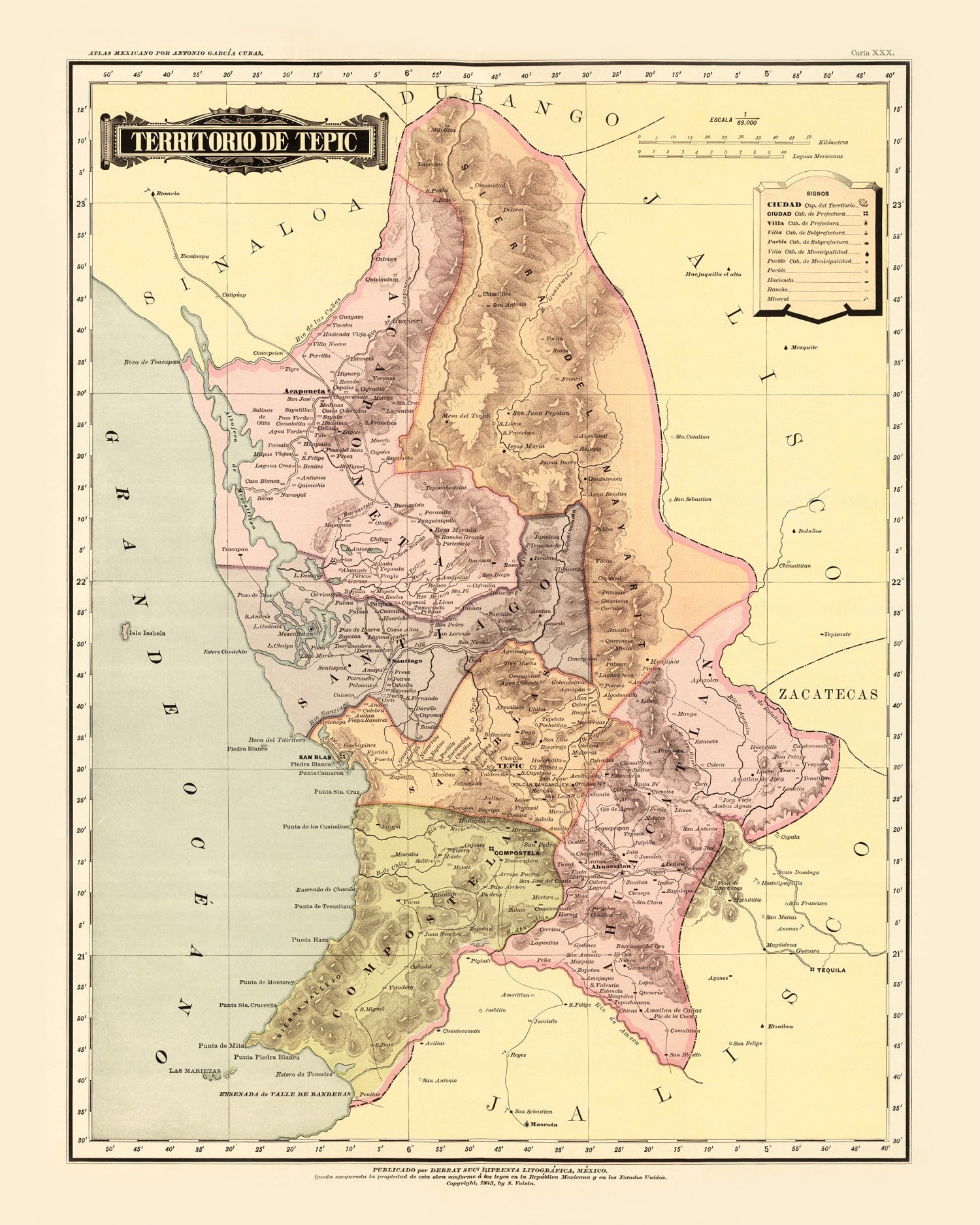 Vintage Map of Tepic, Mexico 1886