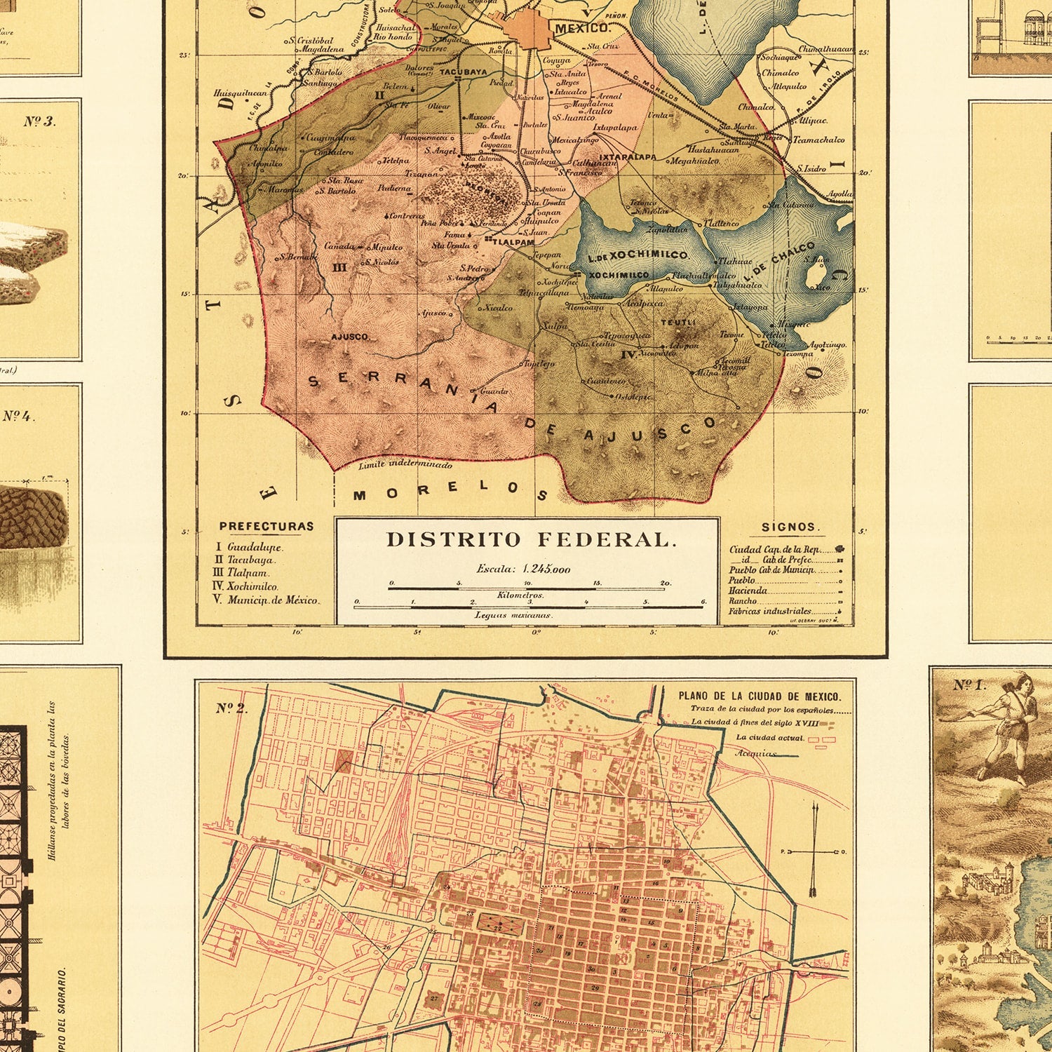 Vintage Map of Mexico City, Mexico 1886