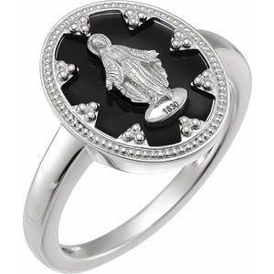 14K White Oval Black Enamel Miraculous Medal Ring