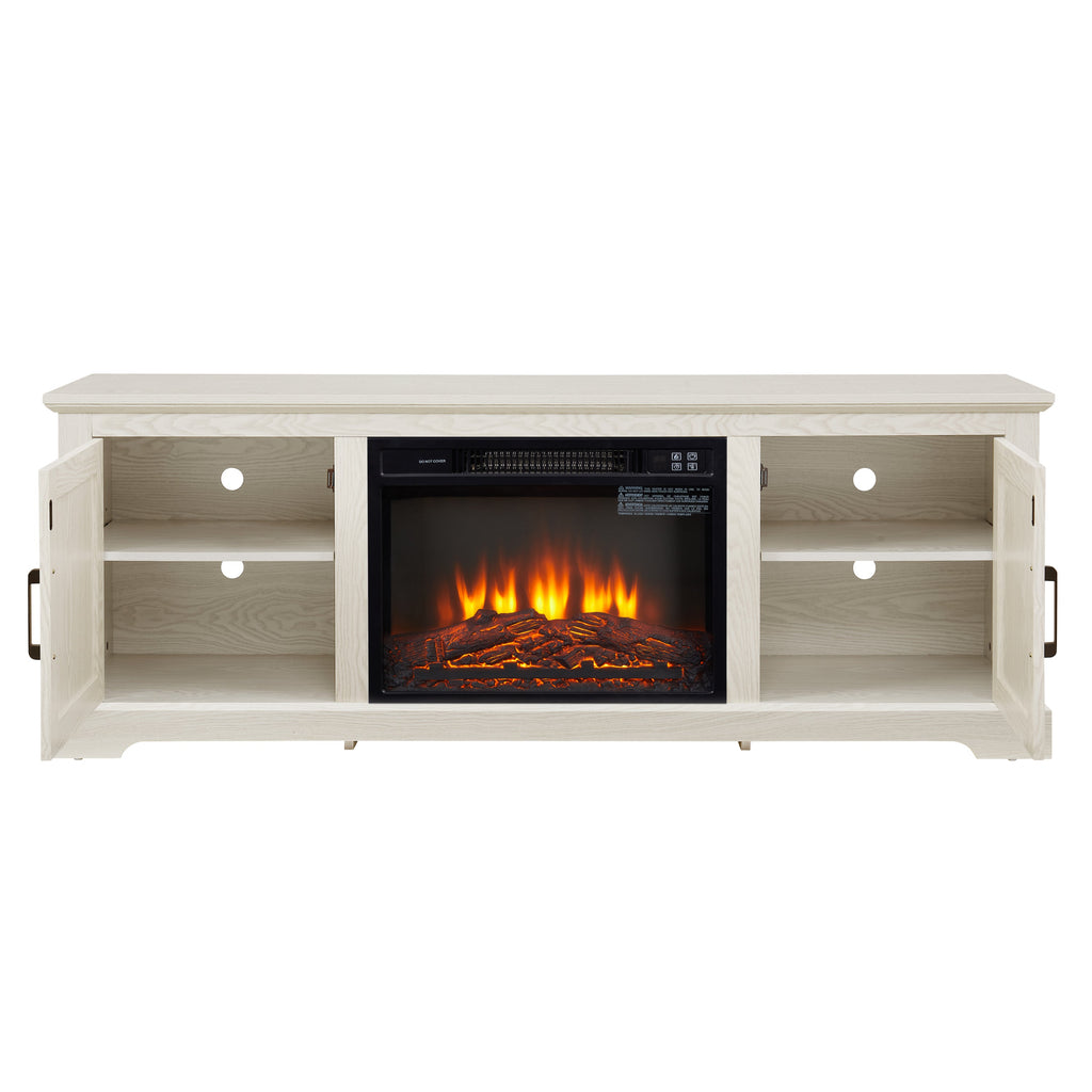 Natural Rattan Door Cabinet with Adjustable Shelf Wood, Farmhouse Rattan TV Stand Console Table for TVs up to 70 Inches, Storage tv stand with 23' fireplace insert, 65'W*15.55'D*23.86'H, White
