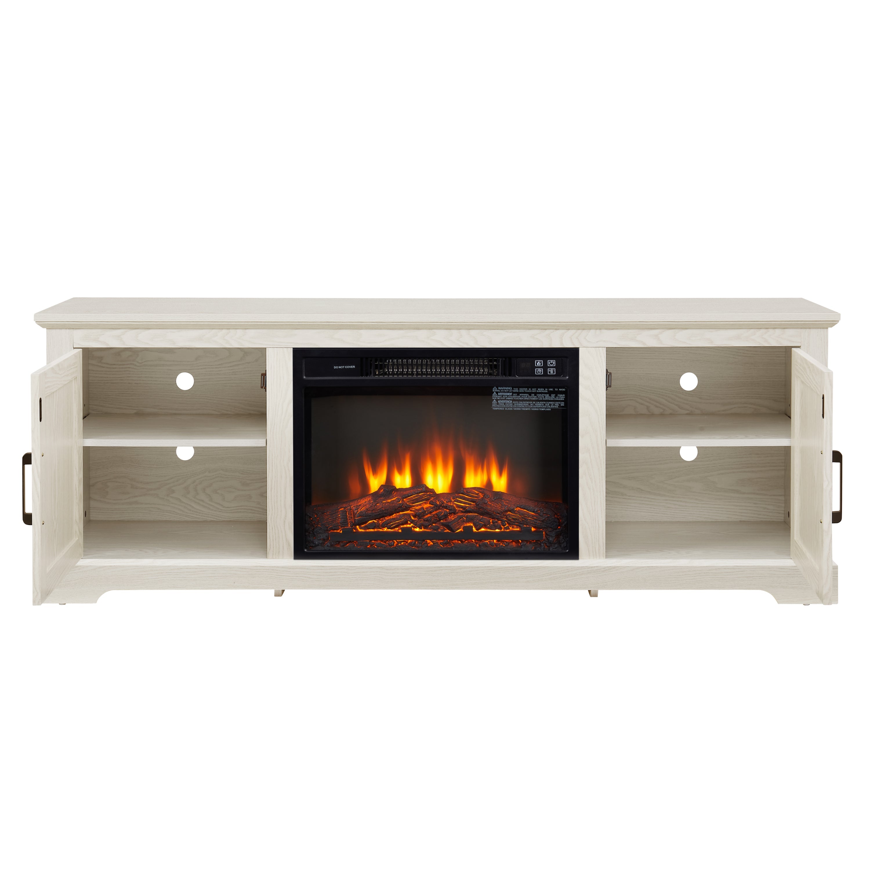 Natural Rattan Door Cabinet with Adjustable Shelf Wood, Farmhouse Rattan TV Stand Console Table for TVs up to 70 Inches, Storage tv stand with 23' fireplace insert, 65'W*15.55'D*23.86'H, White