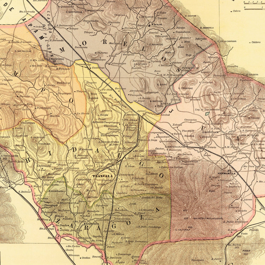 Vintage Map of Tlaxcala Mexico, 1886
