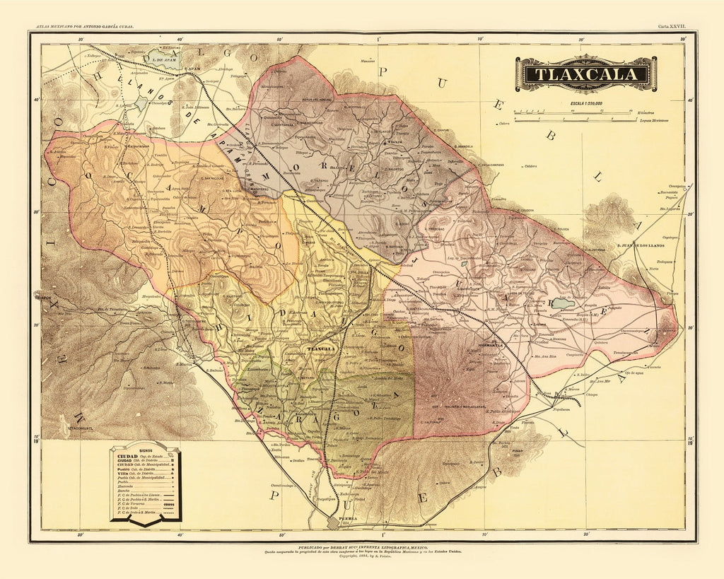 Vintage Map of Tlaxcala Mexico, 1886