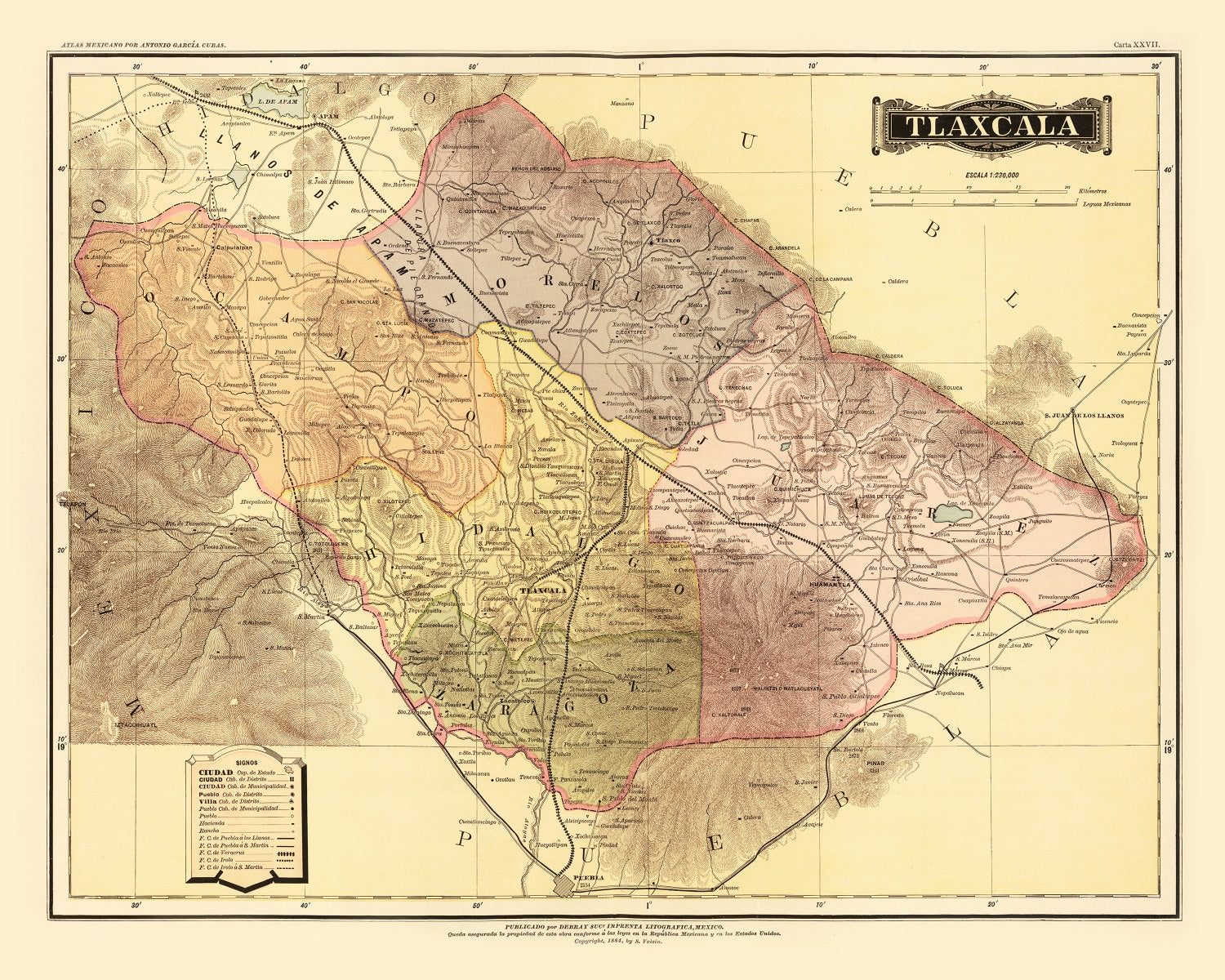 Vintage Map of Tlaxcala Mexico, 1886