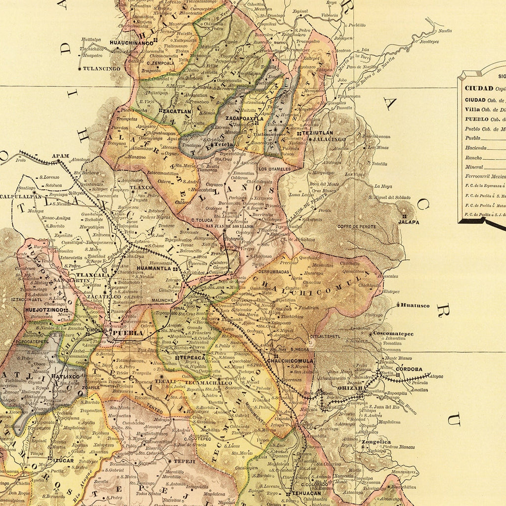 Vintage Map of Puebla Mexico, 1886