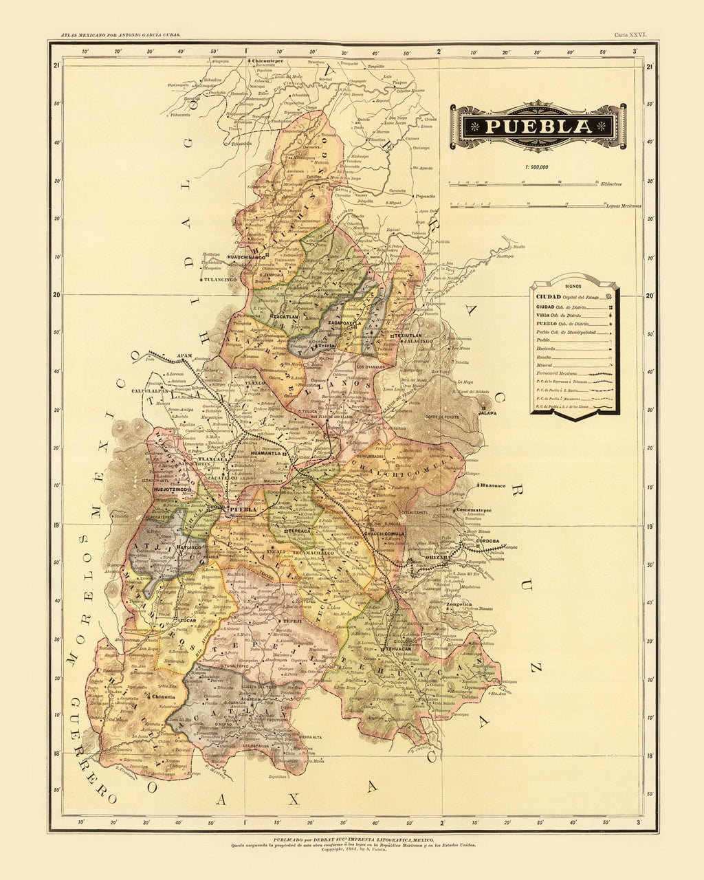 Vintage Map of Puebla Mexico, 1886