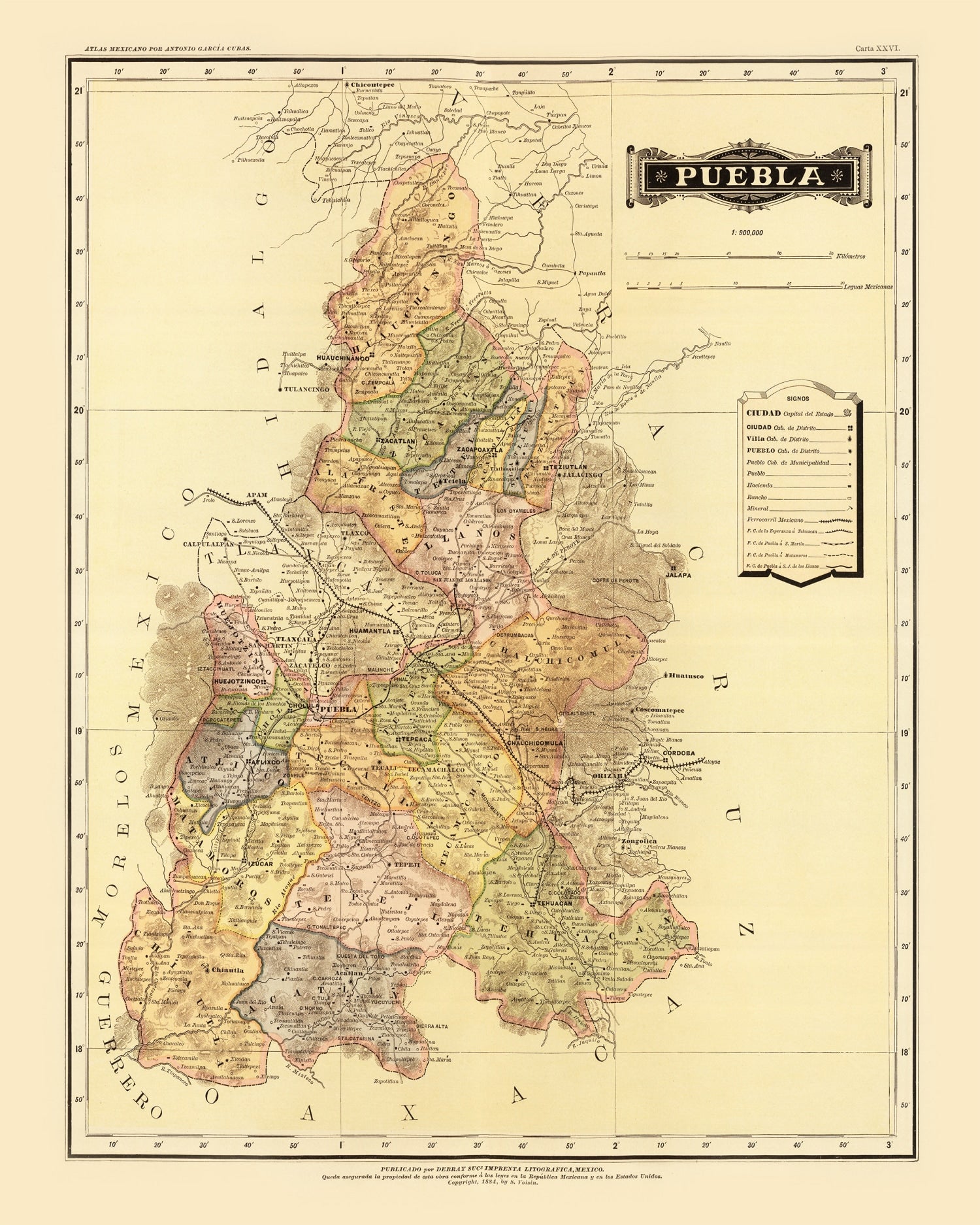 Vintage Map of Puebla Mexico, 1886