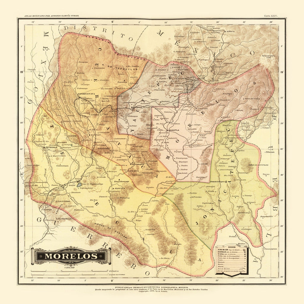 Vintage Map of Morelos Mexico, 1886