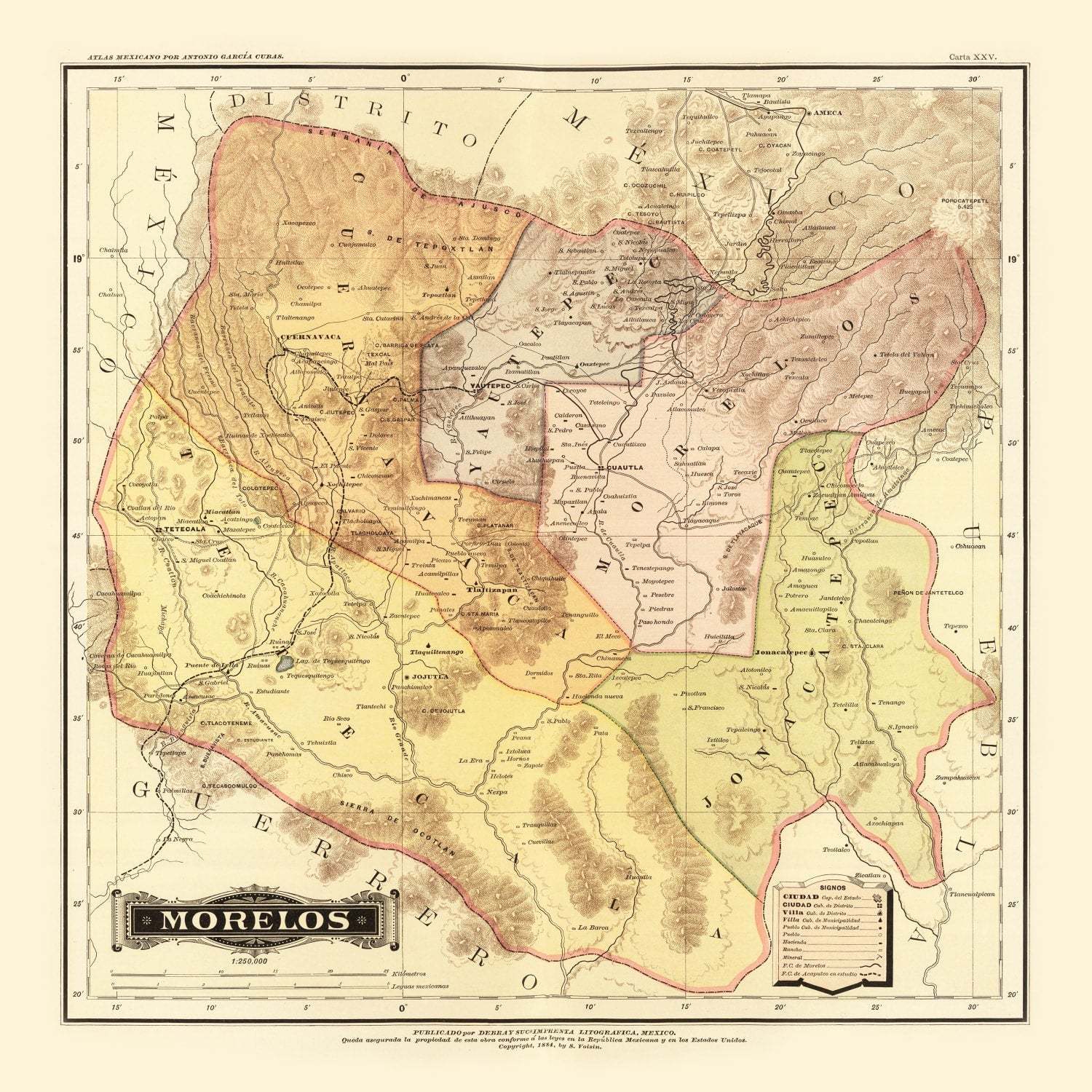 Vintage Map of Morelos Mexico, 1886