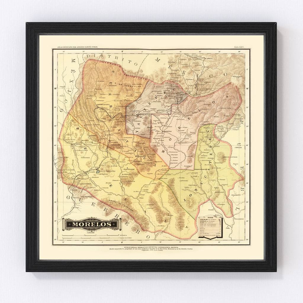 Vintage Map of Morelos Mexico, 1886