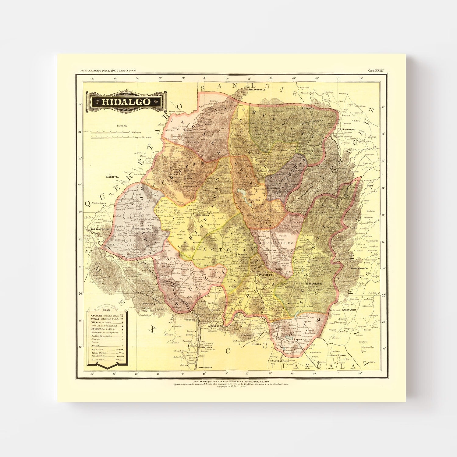Vintage Map of Hidalgo Mexico, 1886