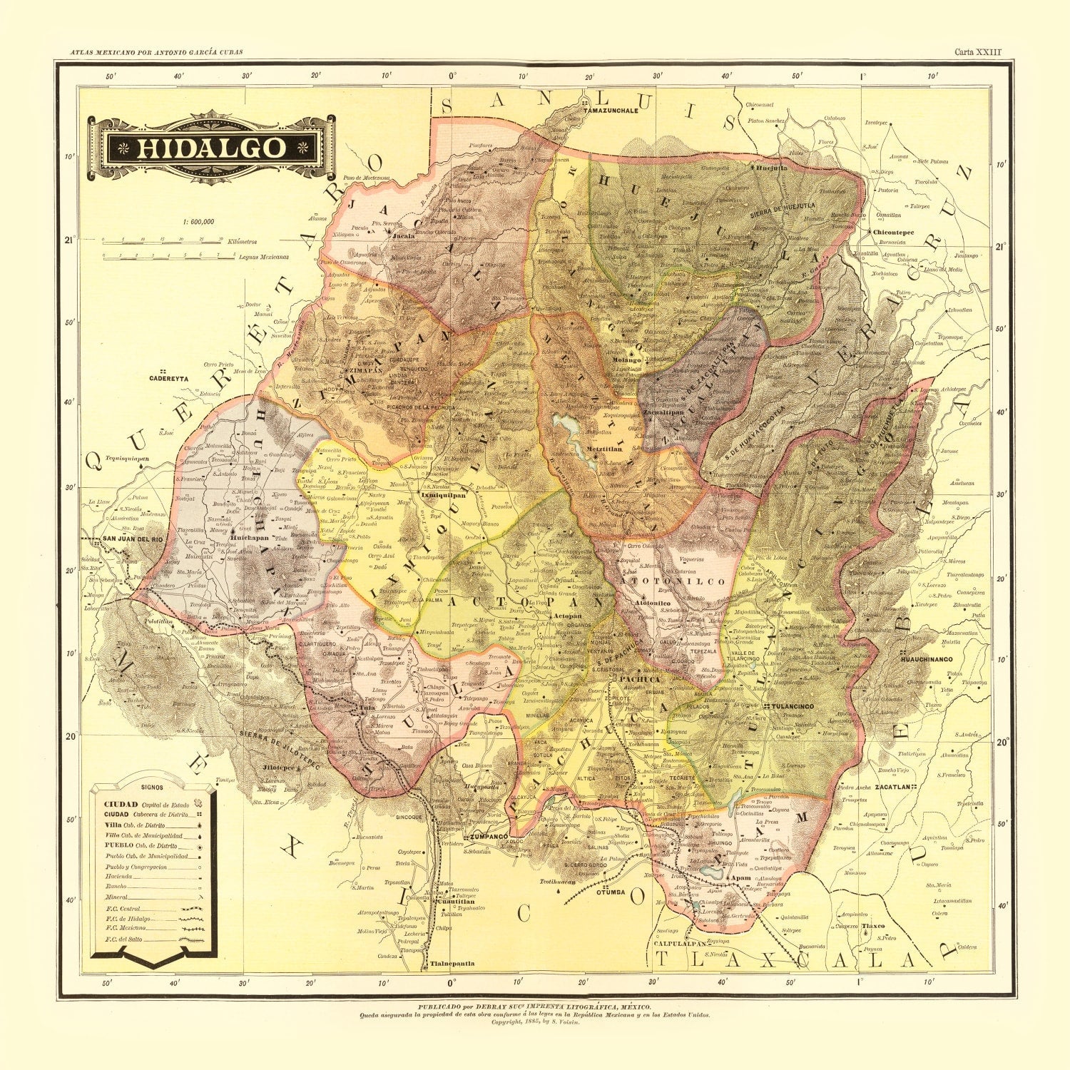 Vintage Map of Hidalgo Mexico, 1886
