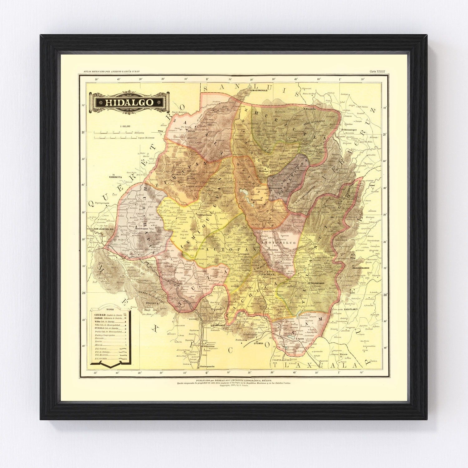 Vintage Map of Hidalgo Mexico, 1886