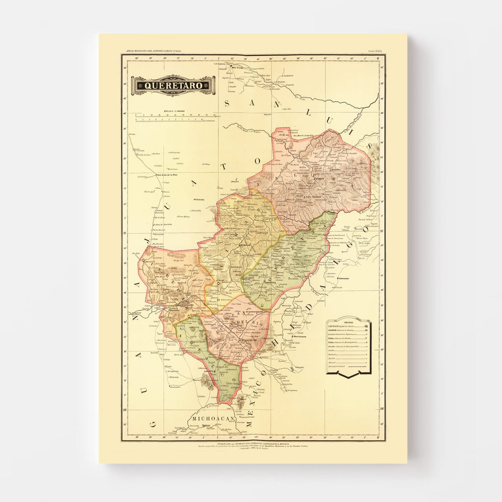 Vintage Map of Queretaro Mexico, 1886