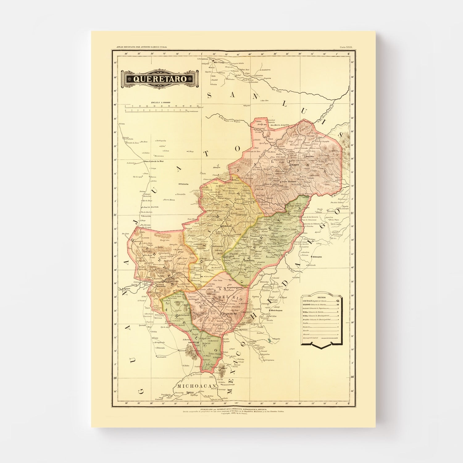 Vintage Map of Queretaro Mexico, 1886