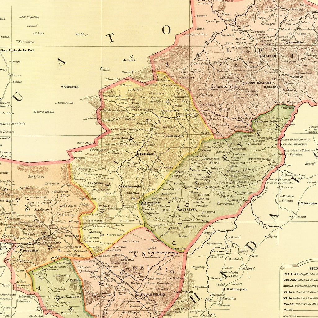 Vintage Map of Queretaro Mexico, 1886